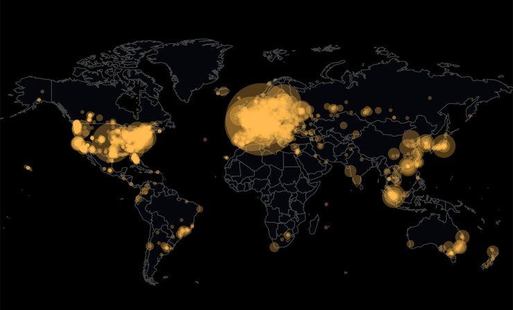 Map of Bitcoin nodes – Each one of these 10,000+ nodes has an entire copy of the Bitcoin Network’s ledger. They enforce and validate the rules of Bitcoin.
