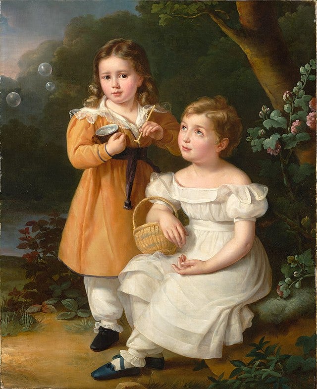 A painting from 1827 of two young children blowing soap bubbles