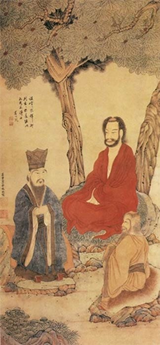Confucius meets Lao-tzu and Buddhist Arhat (Ming Dynasty) Palace Museum, Beijing. (Public Domain)