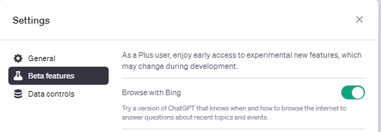 Beta features settings in ChatGPT