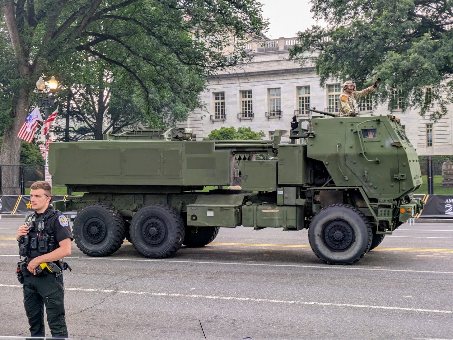 HIMARS, or High Mobility Artillery Rocket System, passing by now. The U.S. provided them to Ukraine as part of the last military aid package. It can fire six guided missiles in rapid succession. It can also fire new presicion strike missiles that can reach a 310-mile distance. HIMARS, or High Mobility Artillery Rocket System, passing by now. The U.S. provided them to Ukraine as part of the last military aid package. It can fire six guided missiles in rapid succession. It can also fire new presicion strike missiles that can reach a 310-mile distance.