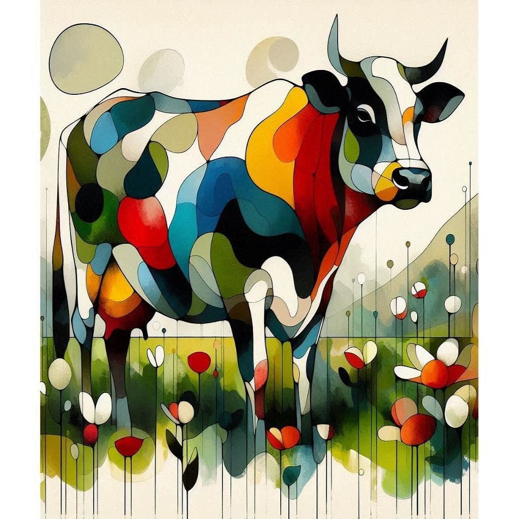 AI image in a modernist watercolor style of cow standing in a field among some flowers