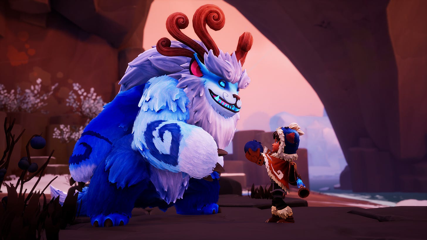 Video game screenshot of a girl handling a blue fruit to a big blue monster/creature