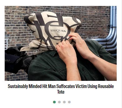 Person being strangled by a New Yorker Tote with the caption about how this dude was strangled by a sustainability minded villian (trust me, it's funny-ish)