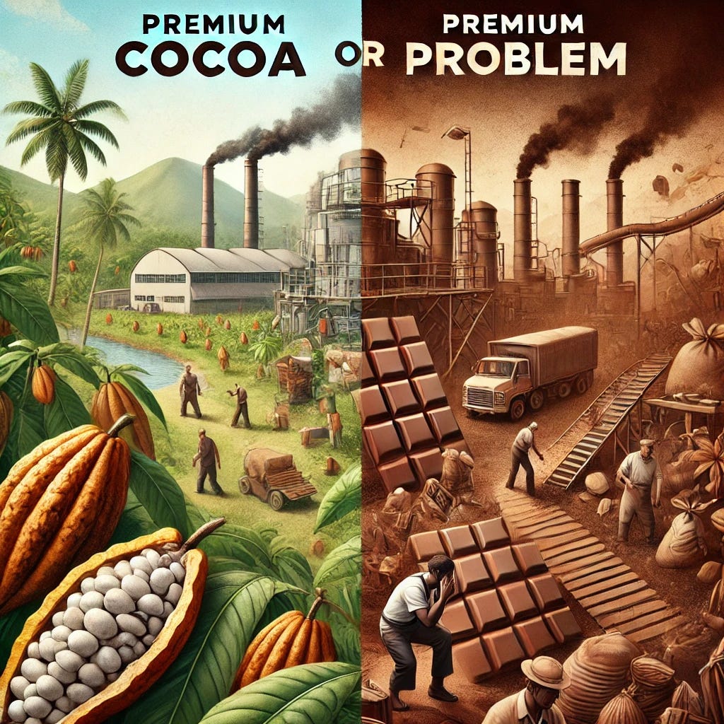 An engaging thumbnail for an article titled 'Premium Cocoa or Premium Problem'. The image should depict a contrast between two halves: one half showing high-quality cocoa beans and chocolate, symbolising premium cocoa, while the other half shows struggling cocoa farmers and factory issues, symbolising the 'problem'. The background should feature lush cocoa plantations blending into industrial elements like a factory. Use warm tones for the cocoa side and cooler, grittier tones for the problem side. Include the title 'Premium Cocoa or Premium Problem' in bold, clear text.