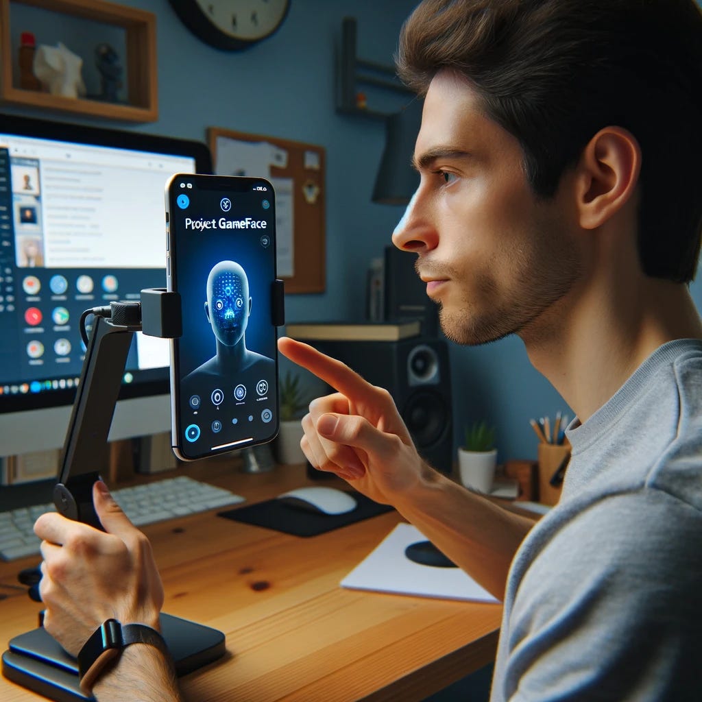 A user using Project Gameface on their phone. The phone is mounted on a mobile stand on a desk. The user is sitting at the desk, facing the phone, and using facial movements to interact with the device. The background shows a simple, tidy home office setting with a few office supplies and a computer monitor. The phone screen shows a clear interface with icons and options for facial gesture controls, making it evident that the user is engaging with the Project Gameface application.