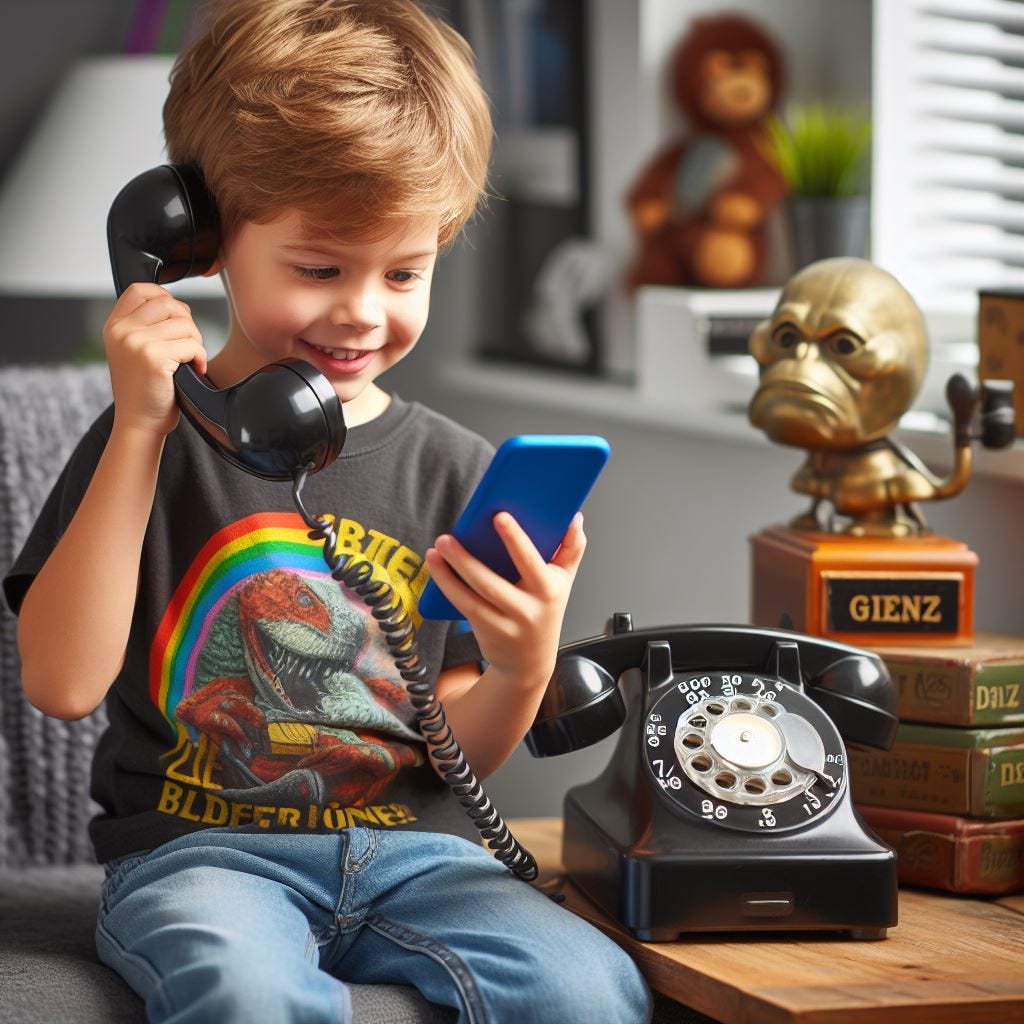 GenZ child talking on a rotary telephone landline and surfing the internet on their smartphone
