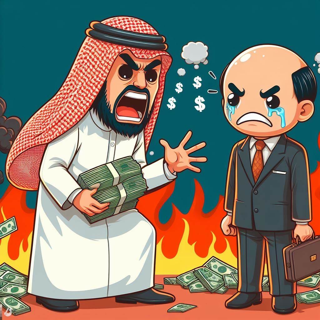 an angry saudi prince screaming at a sad bald japanese man. The japanese man is wearing a suit and has hair on the sides of his head. There is a pile of money on fire in the background.