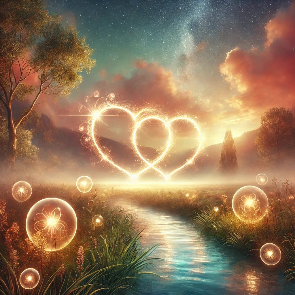 A serene and heartfelt scene depicting a tranquil space filled with warm, gentle light. In the foreground, there is a symbolic representation of eternal bonds: two interconnected hearts made of light, surrounded by soft, glowing orbs. In the background, a peaceful landscape with a gentle stream flowing through lush greenery, under a sky painted with soft hues of dawn. The scene evokes feelings of love, memory, and eternal connection.