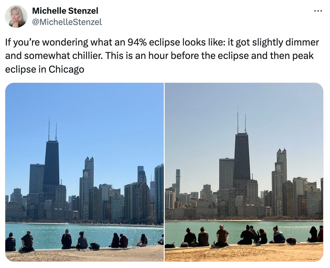 Tweet from @michellestenzel that shows two images side by side - one is a normal picture of the beach in Chicago, the second is during the eclipse and is oddly sepia-toned.