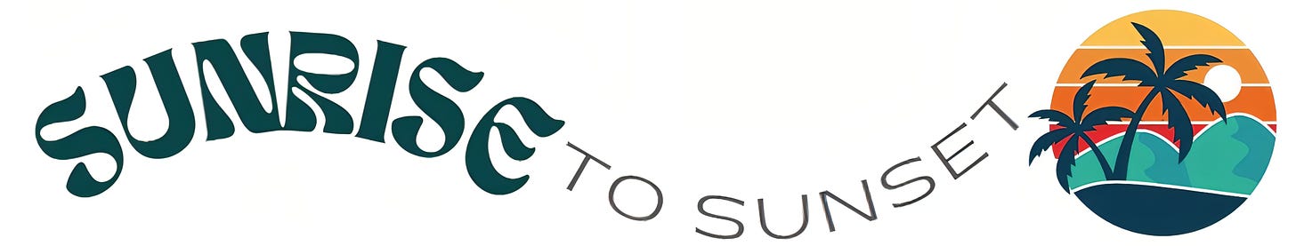 Sunrise to Sunset logo with a tropical beach scene symbolizing hope, freedom, and the unyielding American spirit from sunrise to sunset.