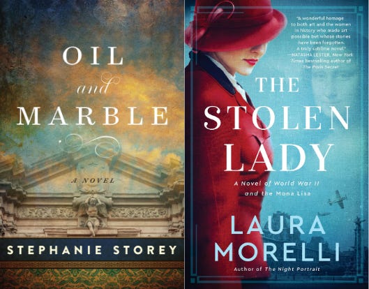 two book covers, one with a marble Renaissance era edifice, the other with a woman in a 1930's red suit and images of fighter planes and The Mona Lisa in the background.