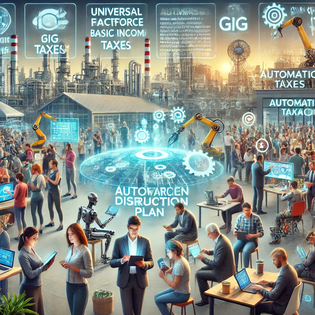 An image depicting a futuristic workforce disruption plan scenario. In the foreground, a diverse group of people of different ages and backgrounds are engaged in various activities: some are working on digital tablets, others are engaged in creative arts, and some are participating in a marketplace for social contributions. In the background, there are scenes of automated factories with robots and AI systems working, as well as innovation hubs where citizens collaborate on projects. There are holographic displays showing concepts like 'Universal Basic Income,' 'Gig Economy,' 'Automation Taxes,' and 'Public-Private Partnerships.' The atmosphere is one of progress and balance, where automation and human innovation coexist to build a resilient and inclusive future.