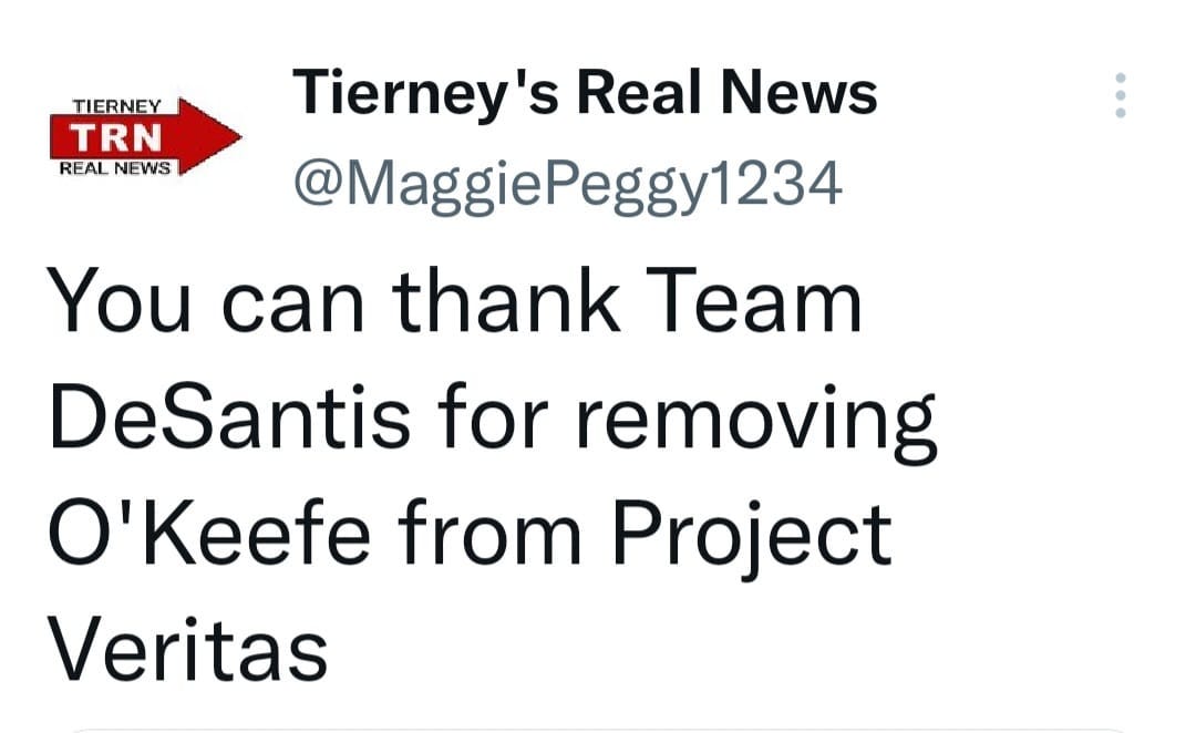 May be a Twitter screenshot of text that says 'TIERNEY TRN REAL NEWS Tierney's Real News @MaggiePeggy1234 You can thank Team DeSantis for removing O'Keefe from Project Veritas'