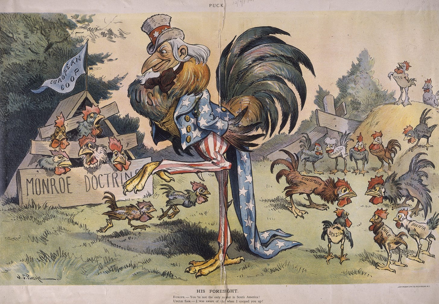 1901 political cartoon with caption: Europe: You're not the only rooster in South America! Uncle Sam: I was aware of that when I cooped you up!
