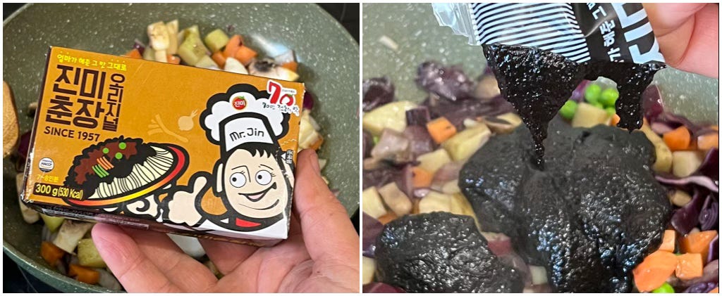 Two photos, side-by-side. The first showing a box with Korean writing on it, and a happy chef holding up a plate of rice and beans. On the right, a thick dark goop being squeezed from a large packet into a pan filled with frying vegetables.