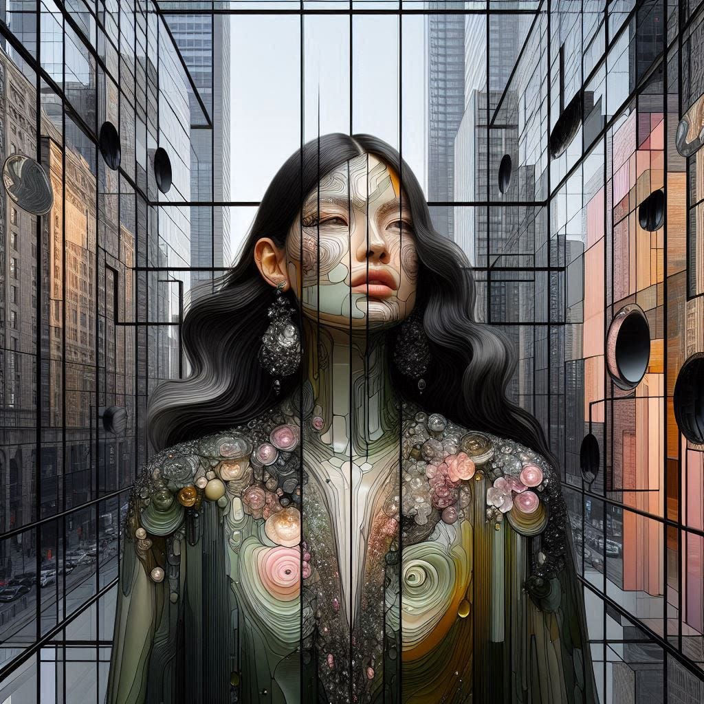 inside glass structure; 5d angle glass embedded Altgeld hall building/ close up of womans face; in front of  Altgeld hall in olive, chartrues, sequence dress /collar made of black water in resin/long black hair falling into her face. coral orange, pink, cream, olive address/earrings made of moons aglow/ reverberating waves. black hole in floor/ water in resin verdigris./ standing on stage/ In the style of Michael Parkes. black etching/ black linework/ white tiger / black sky 