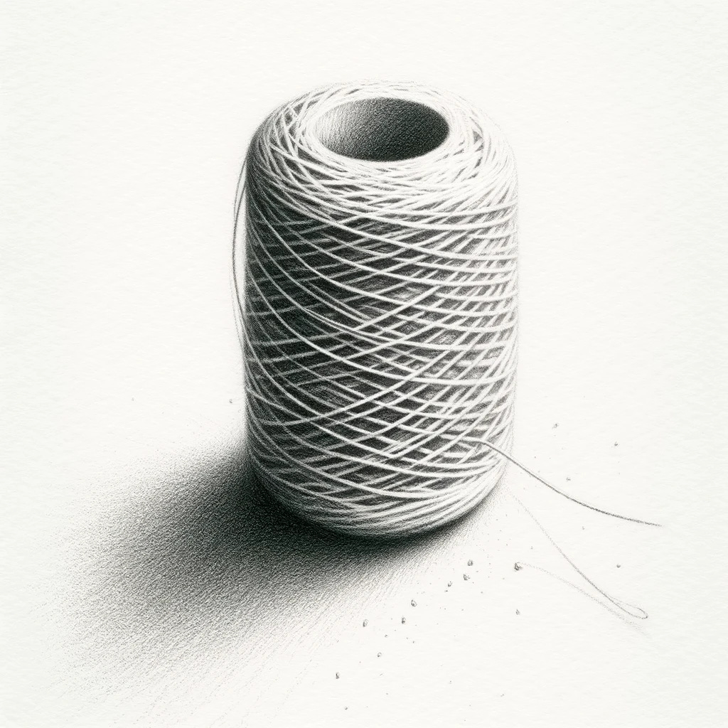A very minimal, handmade pencil etching of a thread on a white background. The drawing is extremely delicate and detailed, showcasing the finesse of light pencil strokes, emphasizing the slender form and subtle texture of the thread.
