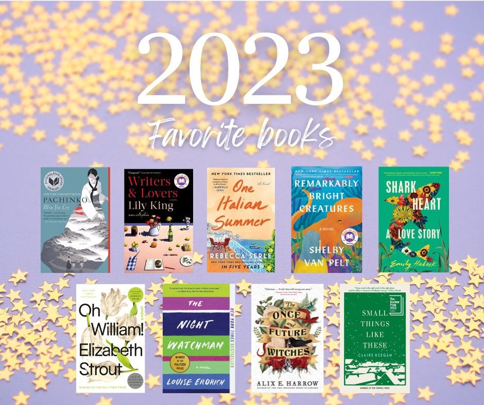 Text reads: "2023 favorite books" foollowed by thumbnail covers of the books listed below. Background is lavender with gold star confetti.