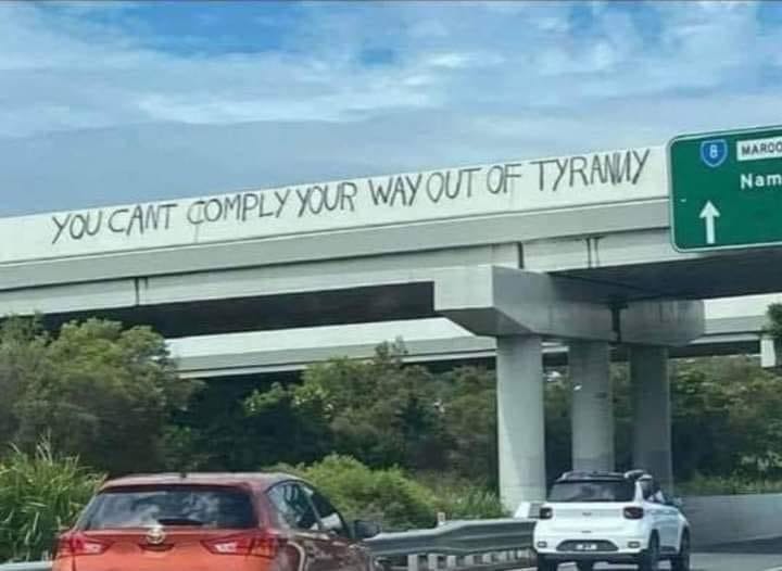 May be an image of road and text that says 'YOU CANT COMPLY YOUR WAY OUT OF TYRANY MAROO Nam Nam ↑'