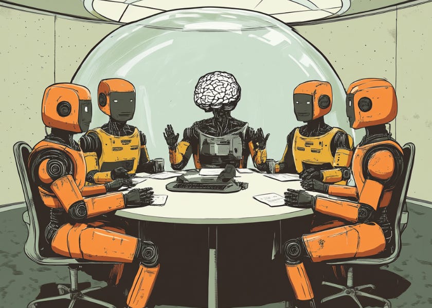 Robots having a business meeting at a conference room table.