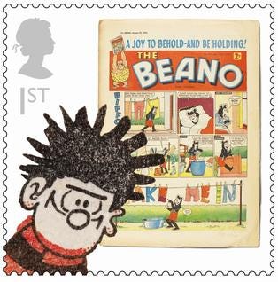 A Royal Mail stamp with a cover of the Beano comic and Dennis' face 