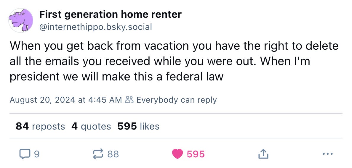 August 20, 2024 Bluesky post from Internet Hippo reading, "When you get back from vacation you have the right to delete all the emails you received while you were out. When I'm president we will make this a federal law."