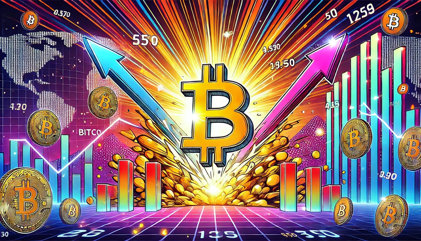 A vibrant pop-art style illustration depicting a dramatic scene of Bitcoin's record-breaking surge. The background features a digital world map lit up with neon lights, symbolizing global activity. In the foreground, a large, shining Bitcoin symbol breaks through barriers, accompanied by dynamic arrows pointing upwards to represent growth. The sky is filled with digital numbers and cryptocurrency symbols, illustrating the buzz and excitement around Bitcoin's rise. The entire scene is cast in bright, bold colors typical of pop-art, emphasizing energy and movement.