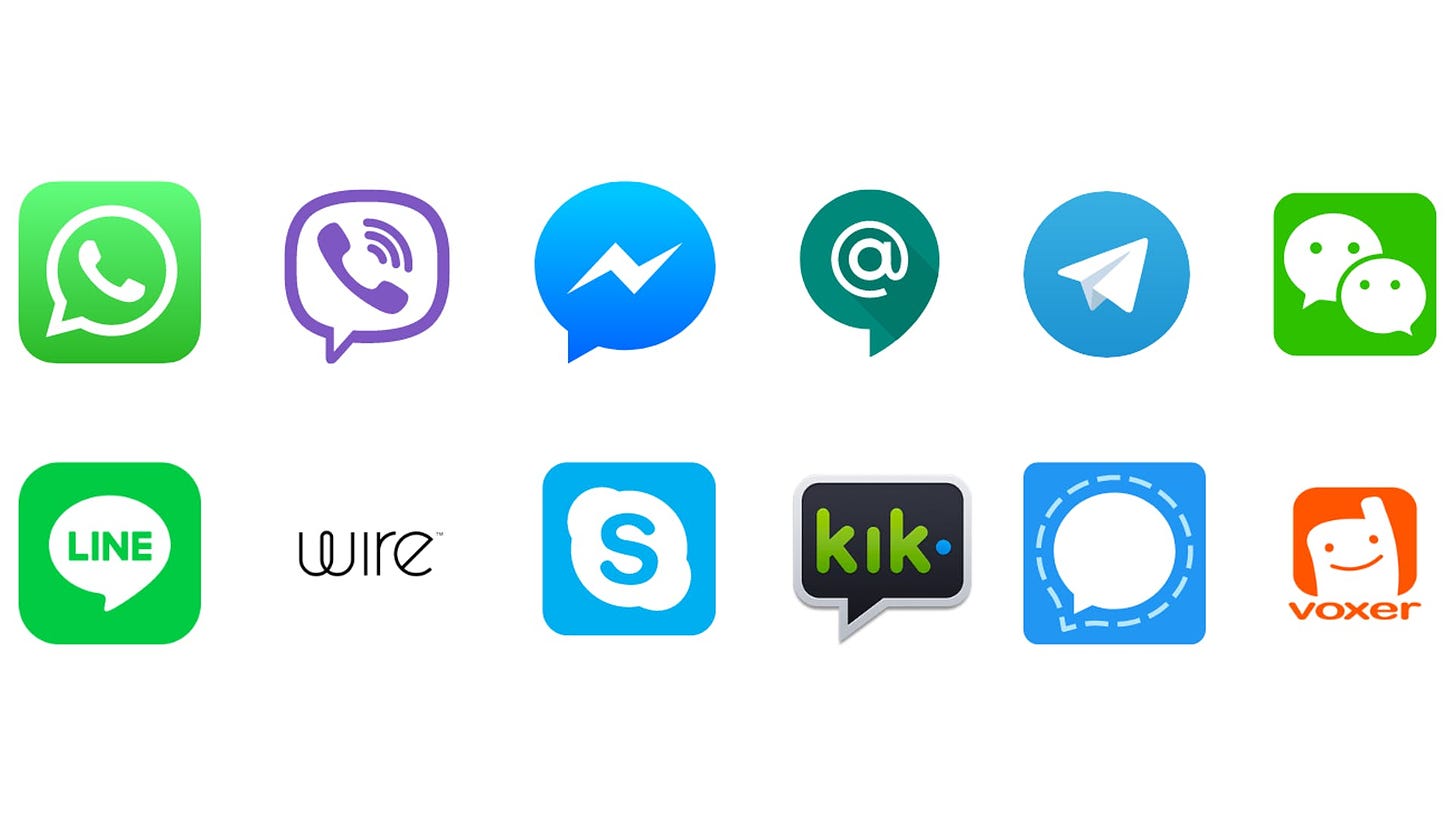 WhatsApp, Facebook, Viber, Google Allo, KiK and Skype brand logos