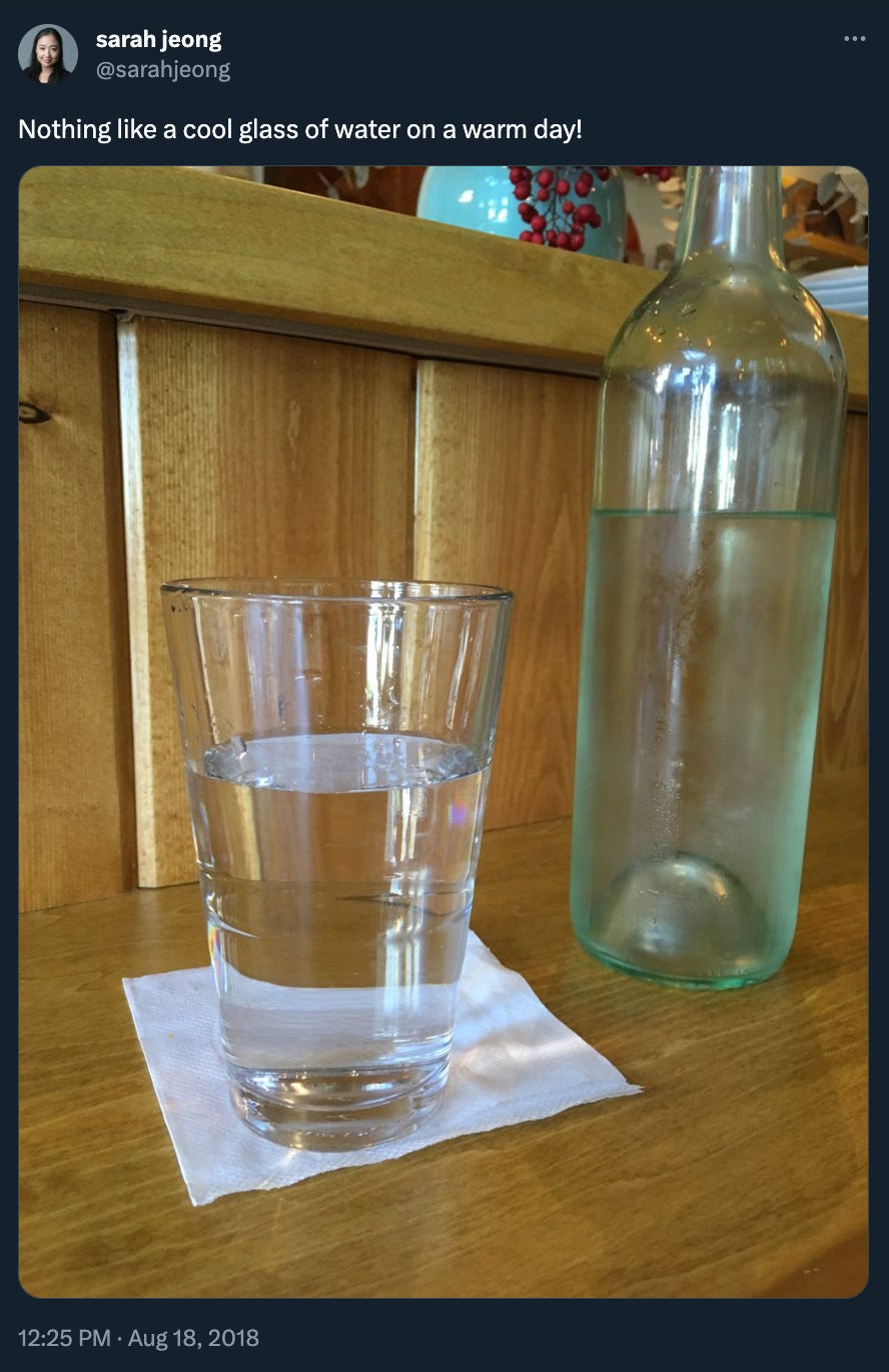 Sarah Jeong’s immortal tweet: “Nothing like a cool glass of water on a warm day!” 
