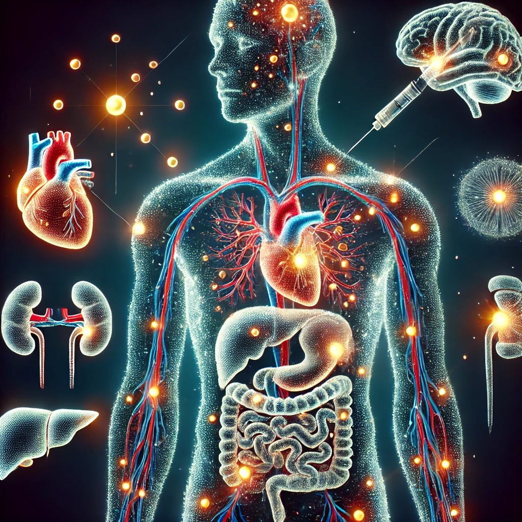 A completely text-free medical illustration of the human body showing the spread of lipid nanoparticles (LNPs) after injection. Highlight key organs like the heart, liver, kidneys, brain, and spleen using glowing or shaded effects. Ensure a clean, scientific, and professional design with no text or labels.