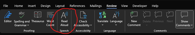 An image of the Microsoft Word command ribbon open to the Review tab, with the "Read Aloud" function circled in red.