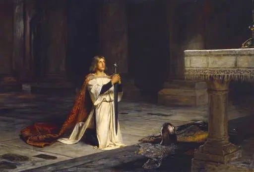 Sir Gawain is represented as the perfect knight, a fighter, a lover, and a religious devotee, in "The Vigil," by John Pettie, 1884. (Public Domain) Sir Gawain is represented as the perfect knight, a fighter, a lover, and a religious devotee, in "The Vigil," by John Pettie, 1884. (Public Domain)