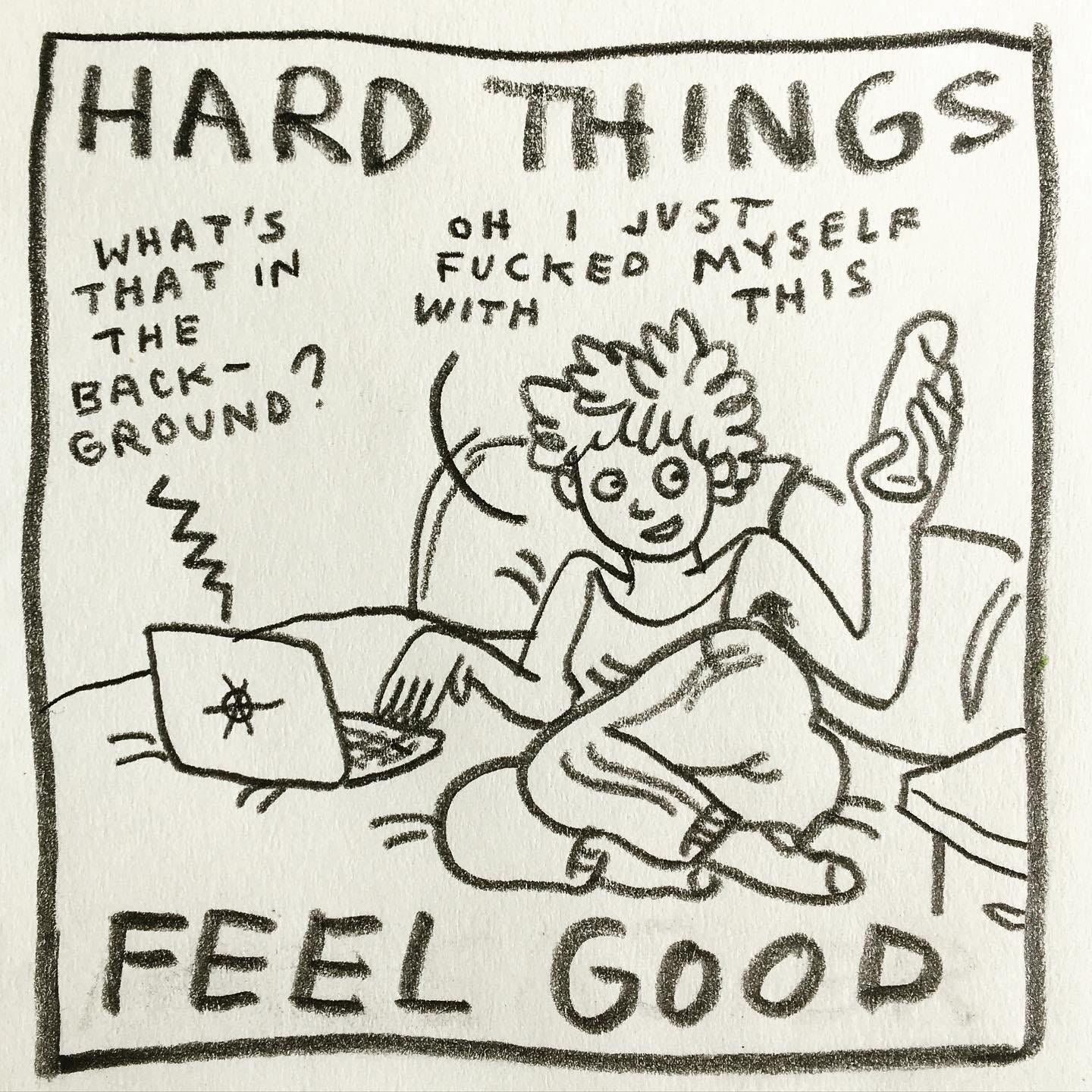 Panel 3: hard things feel good Image: Lark is curled on top of the bed touching their open laptop and looking at a dildo in their other hand. Someone on the laptop asks, "what's that in the background?" Lark replies, ”oh I just fucked myself with this"
