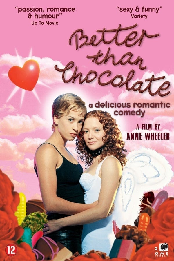 Movie poster for Better Then Chocolate. Highly stylized to look a lot like a romance book cover, this depicts two white women holding one another looking out at the camera. They are against a pink sky background with a heart above them and the movie title written in a font made to look like chocolate frosting. 