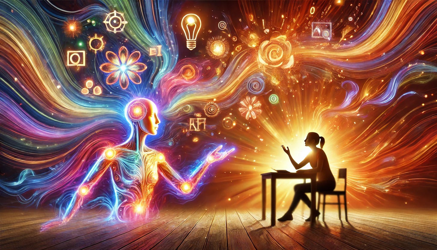 This image depicts a surreal, dreamlike scene of creativity and inspiration. On the right side, a silhouetted figure sits at a desk, gesturing with their hand as if in a moment of revelation. From this figure emanates a burst of golden light. On the left side is a luminous, colorful representation of consciousness or imagination - a glowing humanoid form with a radiant mind, depicted in vibrant blues, purples, and rainbow-colored energy flows. Various symbols of ideas and creativity float throughout the scene - a lightbulb, geometric shapes, flowers, and spiral patterns.