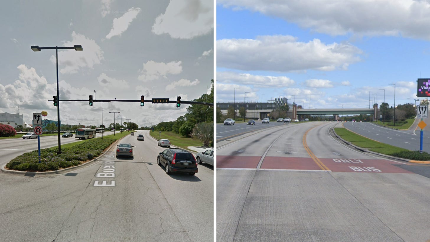 Side-by-side comparison of a roadway before and after the installation of a dedicated busway on Buena Vista Drive in Disney World. The left image shows a traditional multi-lane road with mixed traffic, including cars and buses at a traffic light. The right image displays the same roadway after modifications, featuring a clearly marked 'ONLY BUS' lane, improved traffic flow, and an overpass in the background, demonstrating infrastructure changes aimed at reducing congestion and prioritizing transit.