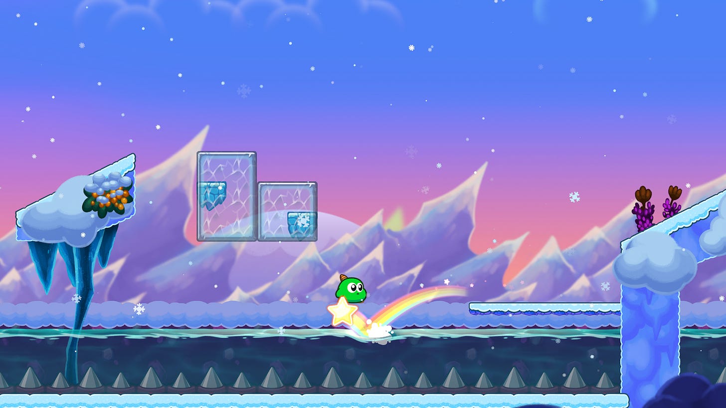 A screenshot of Yumetaro riding his star across a frozen landscape.