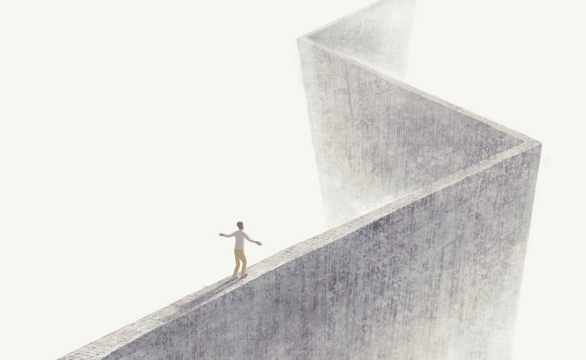 Illustration of a man walking precariously along a wall's edge - it's okay to ask for help.