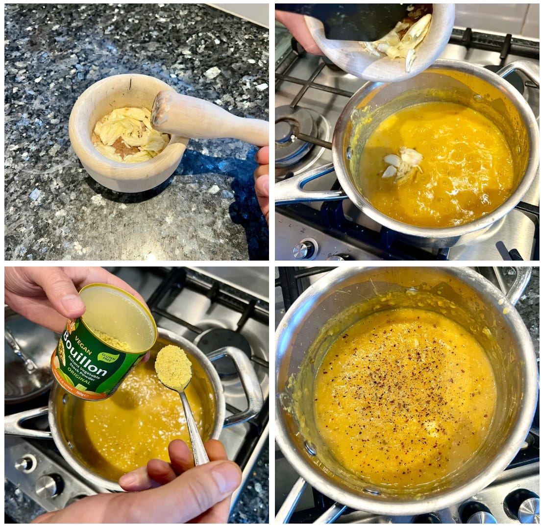 Continuation of the lentil dish preparation: garlic being added to the pot, bouillon being measured, and the dish seasoned with black pepper, showcasing the rich, golden texture of the dahl.