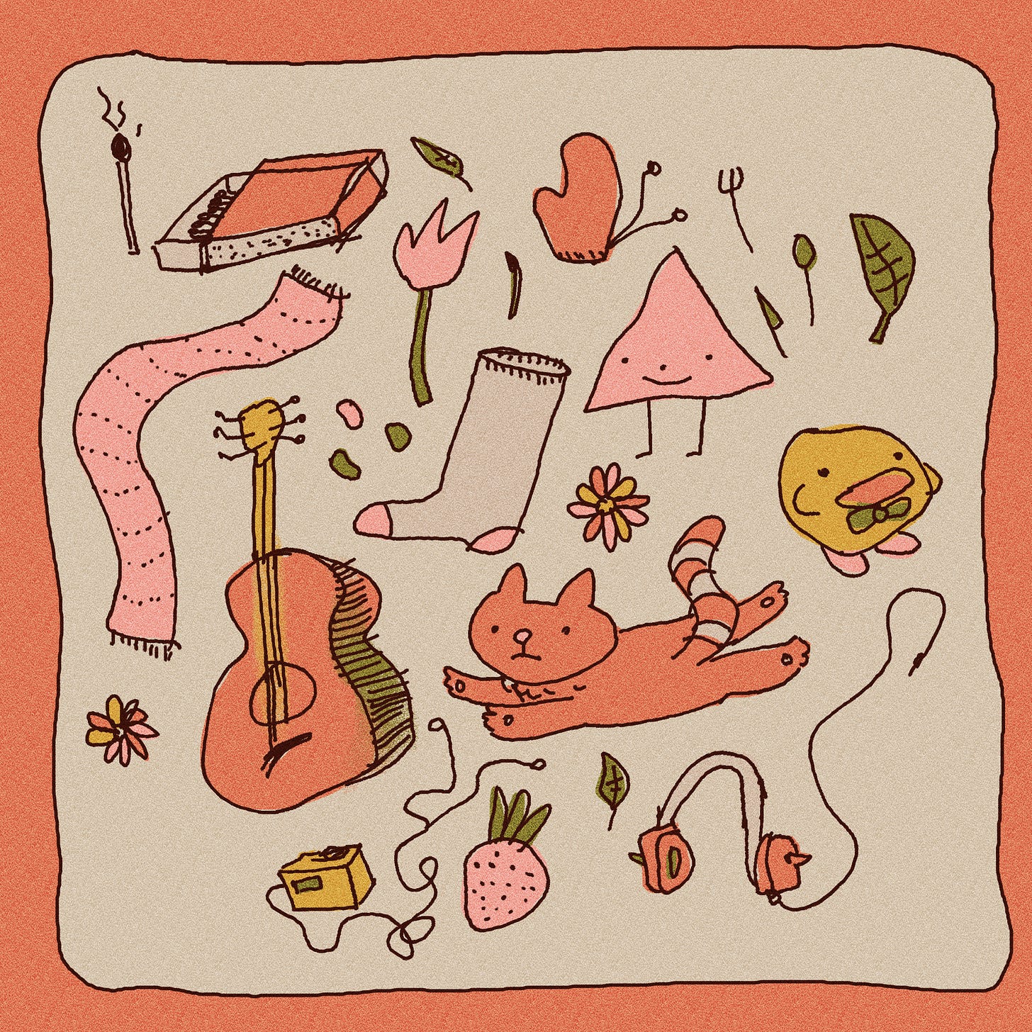 a drawing with fall colours of some characters from noodledesk, including a cat, the triangle, a duck with a bow tie, and other items