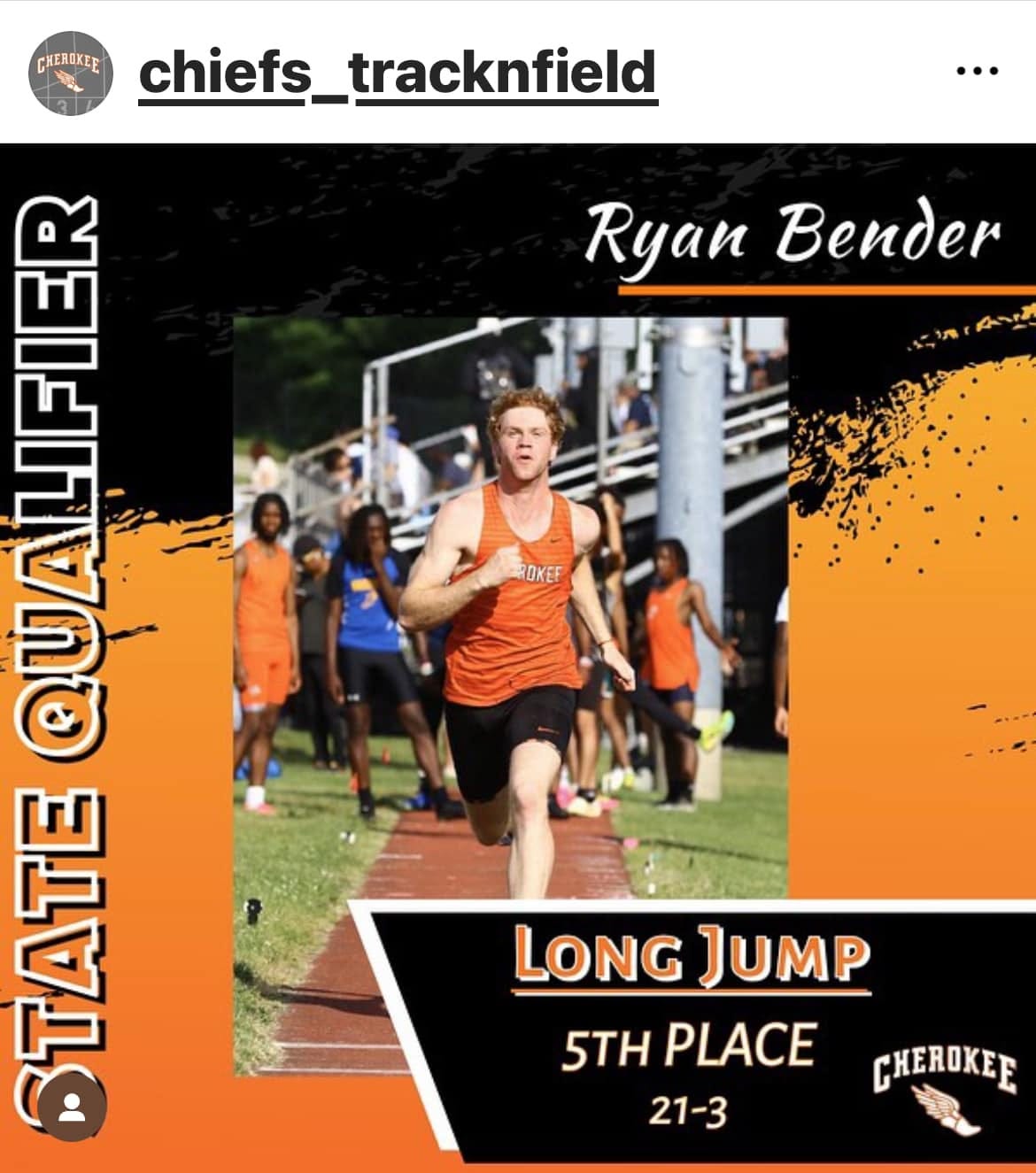 May be an image of 5 people, track and field and text that says '… Ryan Bender CHEHEKKE chiefs_tracknfield chiefs IER () A 。 TAT ROKEF LONG JUMP 5TH PLACE 21-3 CHEROKEE'