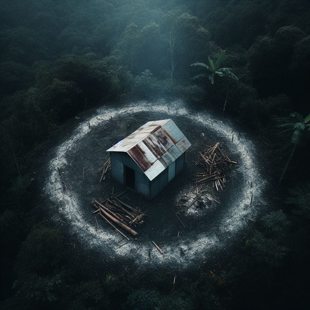 “A simple and crude metal shack in a dark tropical jungle, fully surrounded by a thin circle of ash. Aerial shot.”