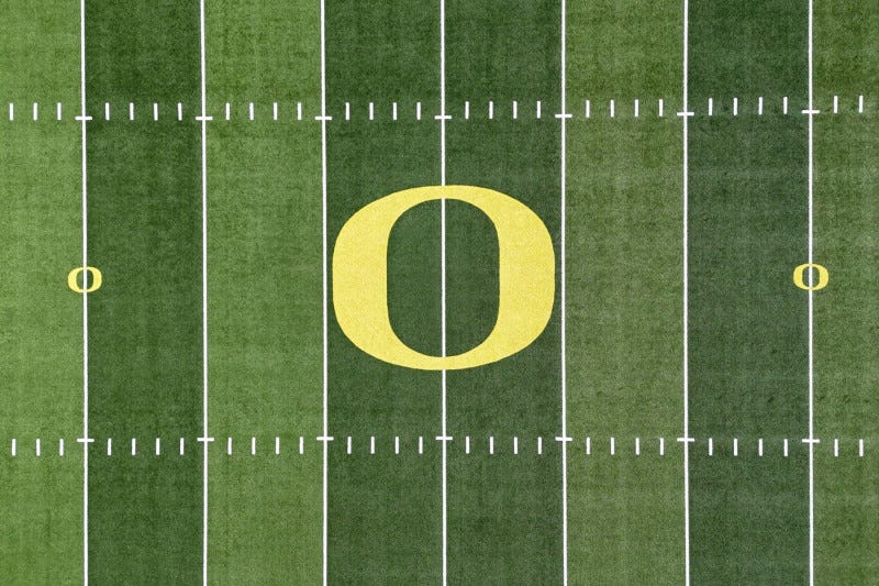 EUGENE, OREGON - JUNE 9: The Oregon Ducks logo on the Autzen Stadium football field on the campus of the University of Oregon on June 9, 2024 in Eugene, Oregon (Photo by Kirby Lee/Getty Images)