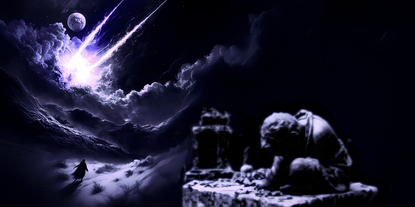 Digital art banner in dark purple and blue tones. Left: A solitary figure stands in a snowy field beneath a dramatic sky where a twin-tailed comet blazes, its purple-white trails illuminating turbulent clouds. Right: A shadowy scene shows a child bowed head in lap atop what appears to be stone religious architecture, rendered in monochromatic grays. The composition juxtaposes active seeking with feelings of abandonment, echoing the poem's exploration of religious doubt, family expectations, and personal autonomy. Style combines dramatic celestial lighting with minimalist figure work, creating an atmosphere of spiritual questioning.