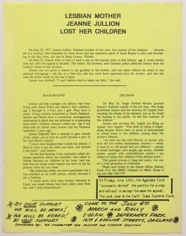 Lesbian mother Jeanne Jullion lost her children handbill by Jeanne Jullion  on Bolerium Books
