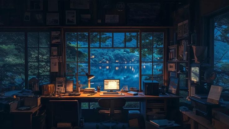 This may contain: a desk with a computer on top of it in front of a window overlooking a lake
