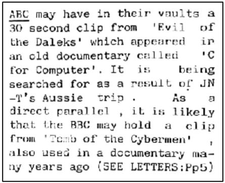 Fanzine cutting suggesting the ABC hold a 30 second clip from The Evil of the Daleks within documentary ‘C for Computer’.