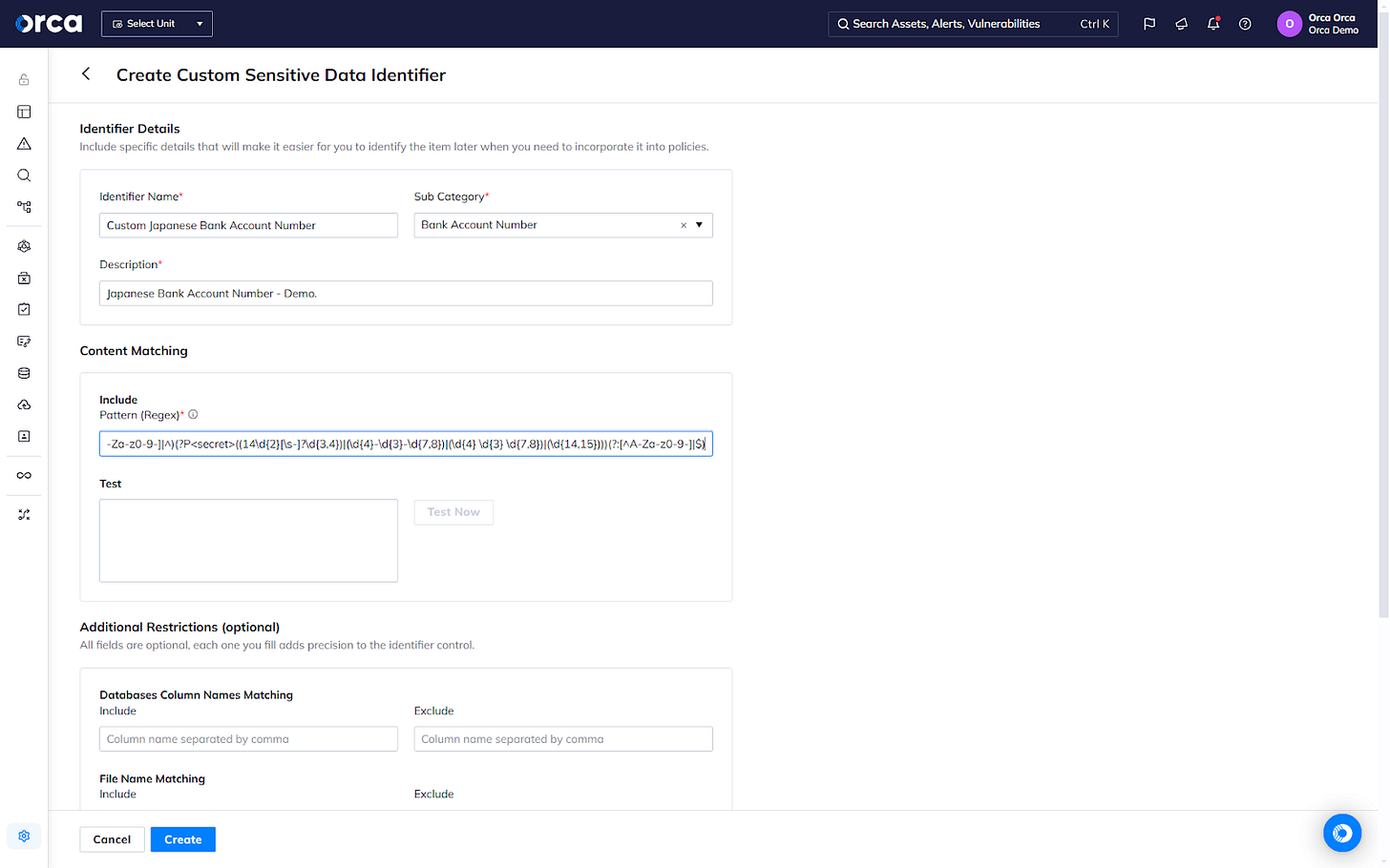 An example of using Orca's platform to define the regex and parameters for custom data identifiers to tailor sensitive data detection