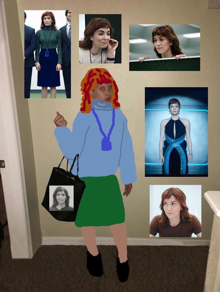 imagem de uma menina arrumada pra sair, que virou meme por conta de fã-clubes colocando imagens dos seus ídolos ao redor dela. no caso dessa montagem feita por mim, coloquei várias fotos da artiz britt lower caracterizada de helly r/helena, da série ruptura, e alterei a roupa dela para combinar com o figurino da personagem, com uma blusa de gola alta azul, saia lápis verde e um sapatinho preto, além dos cablos ruivos repicados e com franja.